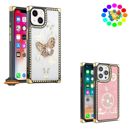 For Apple iPhone 13 (6.1") Fashion 3D Butterfly Square Hearts Diamonds Bling Sparkly Ornaments  Phone Case Cover