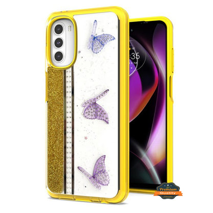 For Motorola Moto G 5G 2022 Butterflies Design Bling Glitter Shockproof Hybrid Soft TPU Frame and Hard PC Back Slim  Phone Case Cover