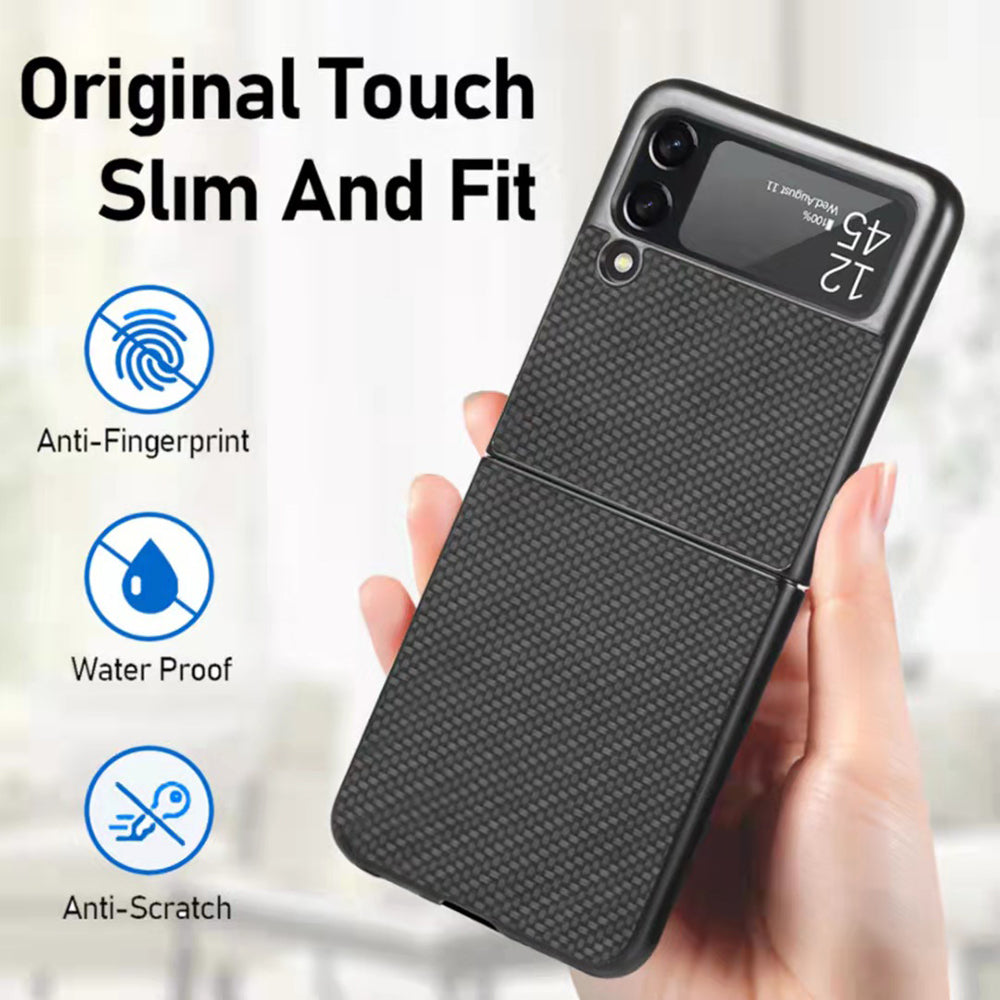 For Samsung Galaxy Z Flip 3 5G PU Rubberized Leather Flip Hybrid Shockproof Texture Rugged Hard TPU Anti Slippery Black Phone Case Cover