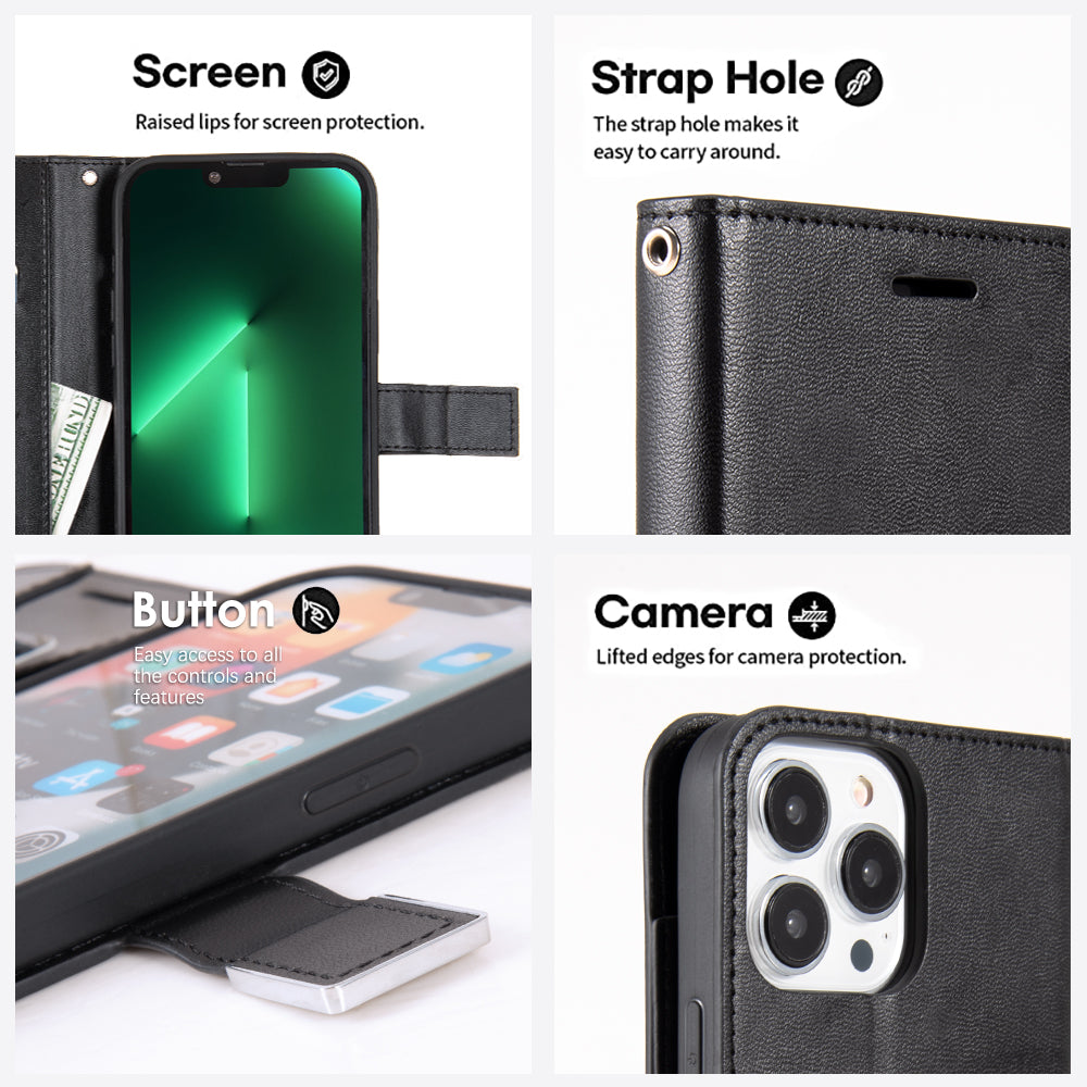 For Apple iPhone 11 (6.1") Leather Wallet Case with 6 Credit Card, Cash Slost and Lanyard Dual Flip Pouch Pocket Stand Black Phone Case Cover