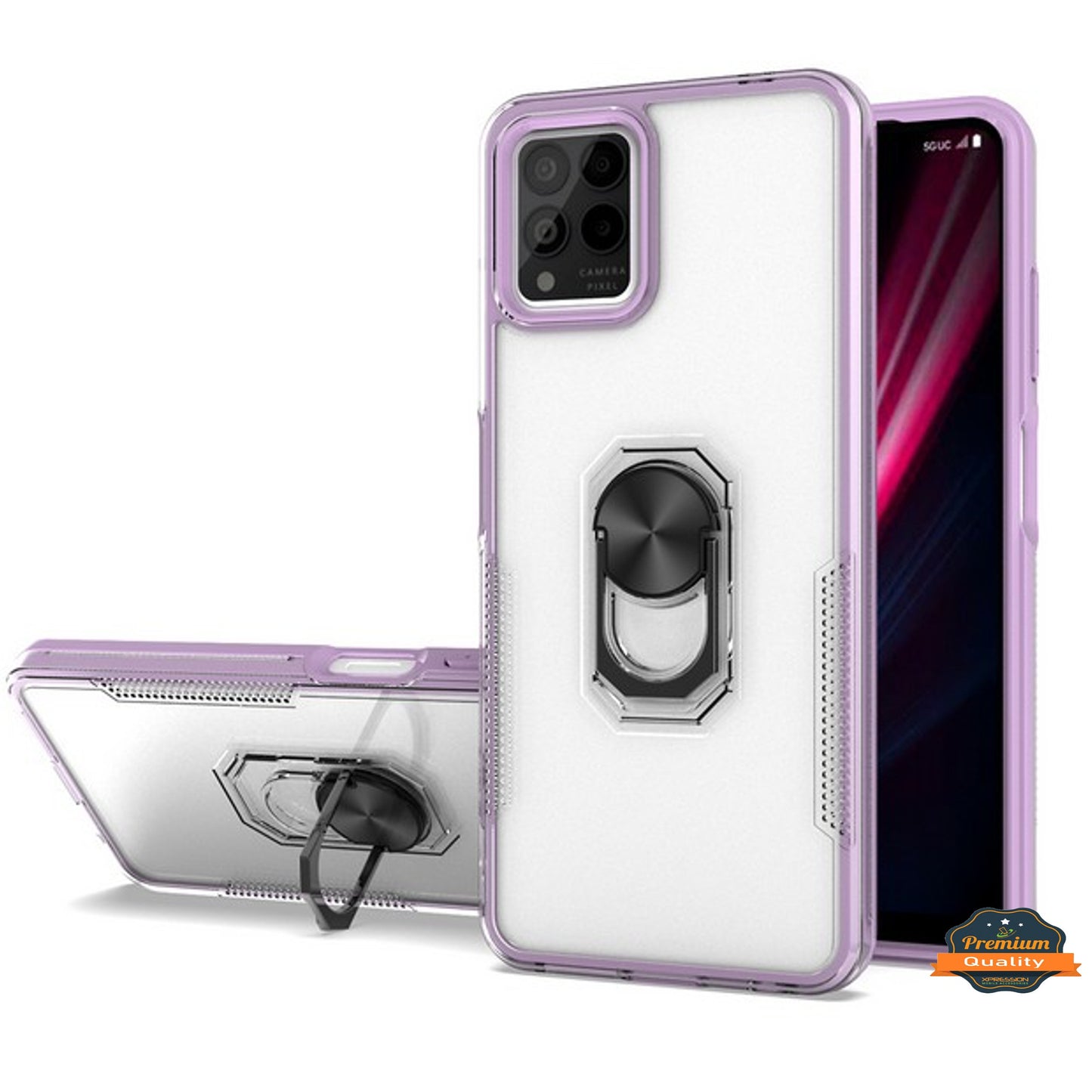 For T-Mobile Revvl 6 Pro 5G Transparent Hybrid with Ring Stand (works with Car Mount) Detachable Frame Bumper  Phone Case Cover