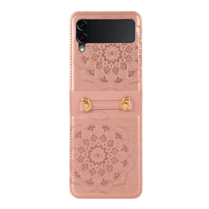 For Samsung Galaxy Z Flip 4 5G Embossed Floral Henna Mandala Design PU Leather with Strap Lanyard Hybrid Protective  Phone Case Cover