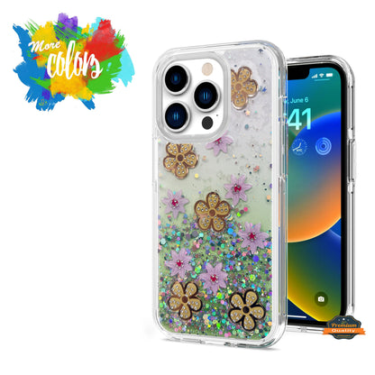 For Apple iPhone 11 (6.1") Floral Stylish Design Glitter Shiny Hybrid Rubber TPU Hard PC Shockproof Armor Slim Fit  Phone Case Cover