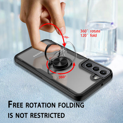 For Samsung Galaxy S22 /Plus Ultra Hybrid Clear Carbon Fiber Trim & Rubber TPU Bumper 360° Rotating Magnetic Finger Ring Stand  Phone Case Cover