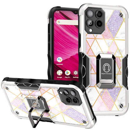 For T-Mobile Revvl 6 Pro 5G /Revvl 6 5G Marble IMD Design Hybrid with Magnetic Ring Stand Kickstand Heavy Duty  Phone Case Cover