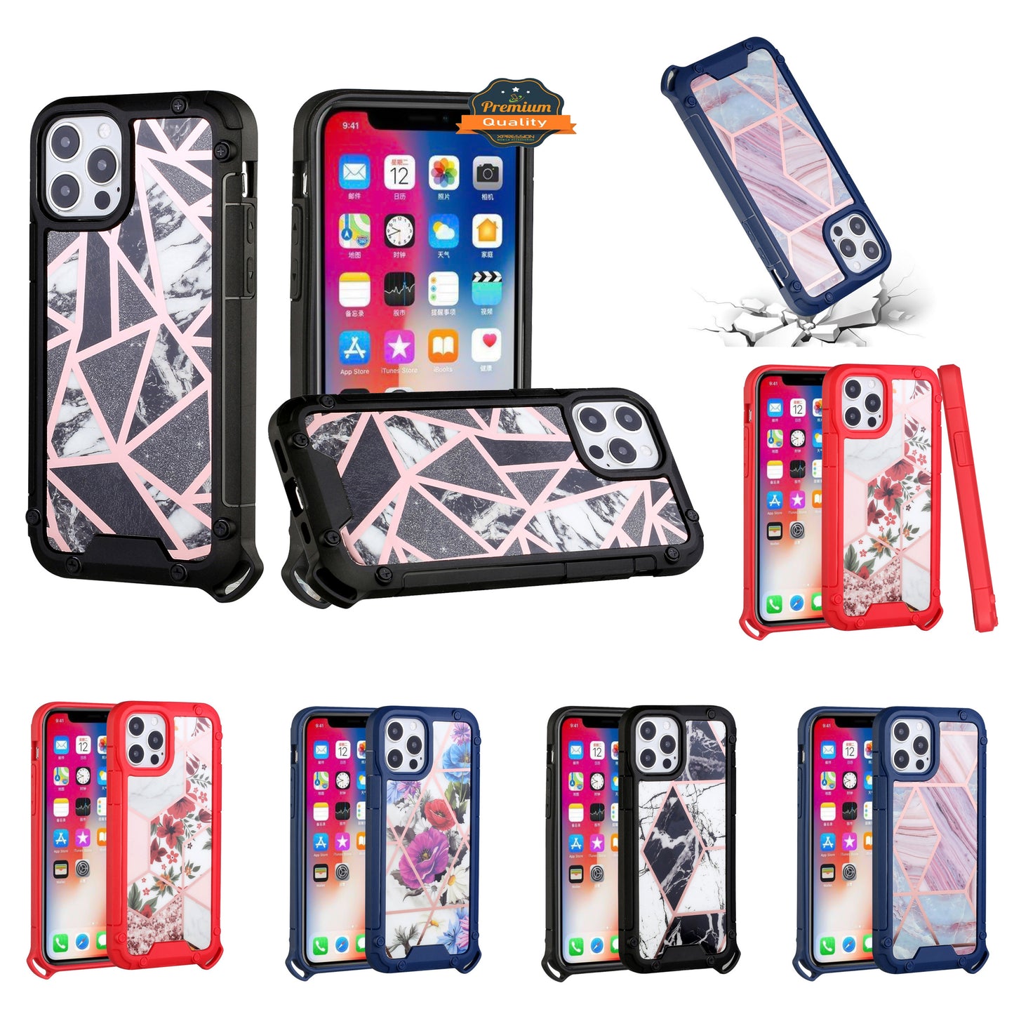 For Apple iPhone 13 Pro Max (6.7") Fashion Marbling Pattern IMD Design Hybrid ShockProof Armor Bumper Soft Rubber Hard PC Protective  Phone Case Cover