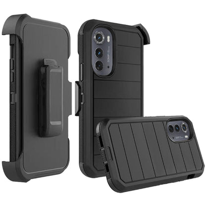 For Motorola Moto Edge (2022) Combo 3in1 Holster Heavy Duty Rugged with Swivel Belt Clip and Kickstand Black Phone Case Cover