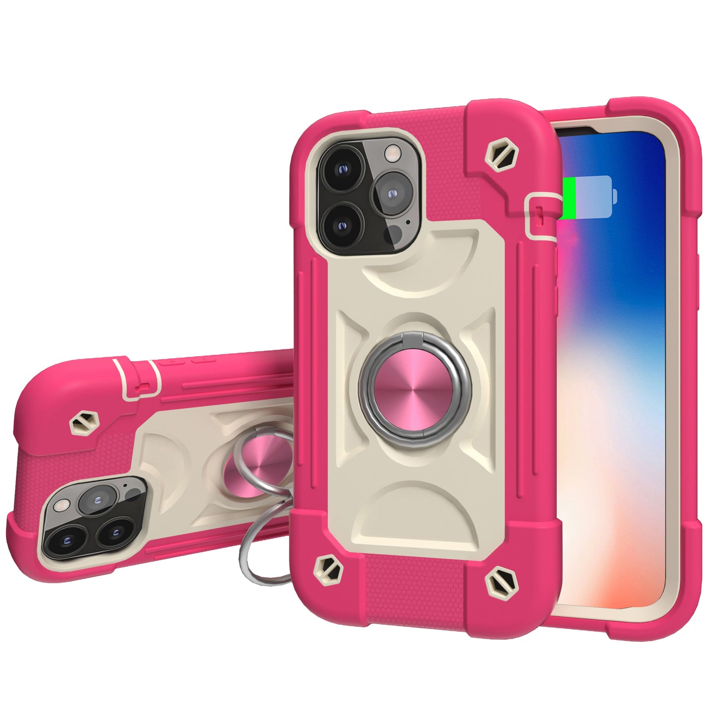 For Apple iPhone 11 (6.1") Armor Thick 3in1 Hybrid Rugged TPU Shock-Absorbing with Rotatable Double Rings Kickstand Hot Pink Phone Case Cover