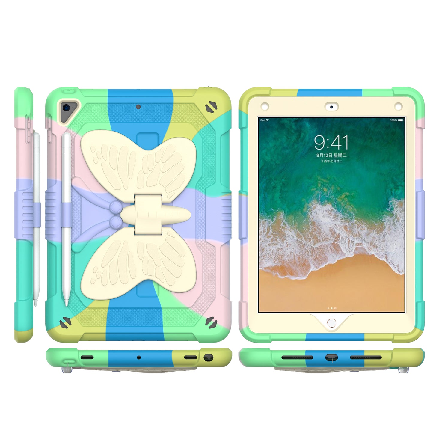 Case for Apple iPad Air 4 / iPad Air 5 / iPad Pro (11 inch) Butterfly Wings Kickstand 3in1 Tough Hybrid with Pencil Holder Heavy Duty Rugged Shockproof Full Protective Rainbow Tablet Cover