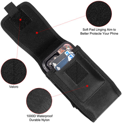 Universal Vertical Nylon Cell Phone Holster Case with Dual Credit Card Slots, Belt Clip Pouch and Belt Loop for Apple iPhone Samsung Galaxy LG Moto All Mobile phones Size 7" Universal Nylon [Black]