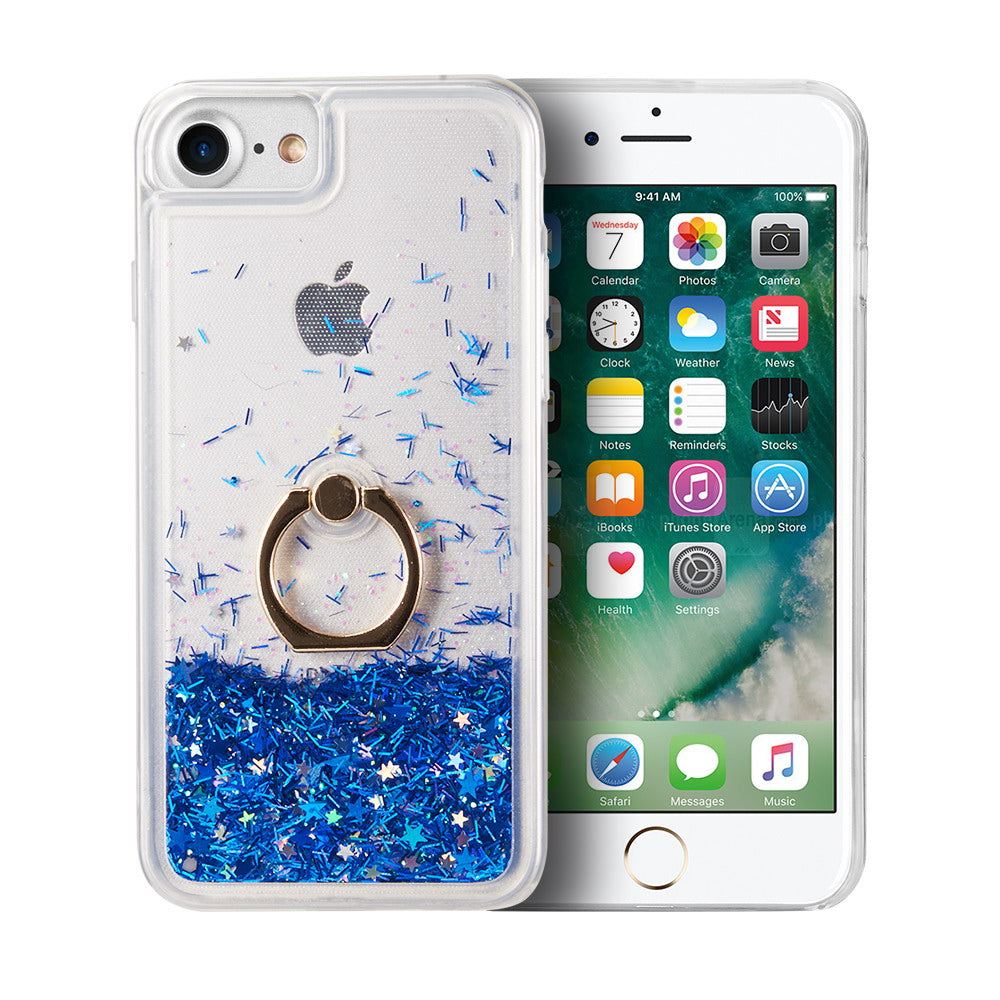 For Apple iPhone SE 3 (2022) Hybrid Glitter Bling Sparkling Liquid Quicksand TPU Rubber PC with Ring Stand Holder Kickstand  Phone Case Cover