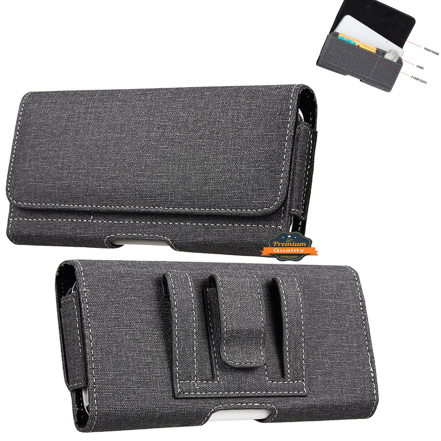 For Samsung Galaxy A23 5G Universal Horizontal Cell Phone Fabric Pouch Holster Carry Case with Credit Card Slots & Belt Clip Loop (XL) [Black]