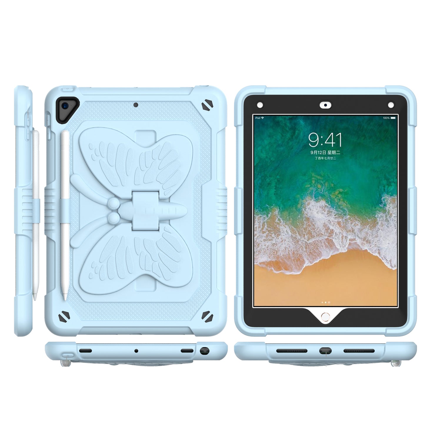 Case for Apple iPad Air 4 / iPad Air 5 / iPad Pro (11 inch) Butterfly Wings Kickstand 3in1 Tough Hybrid with Pencil Holder Heavy Duty Rugged Shockproof Full Protective Light Blue Tablet Cover