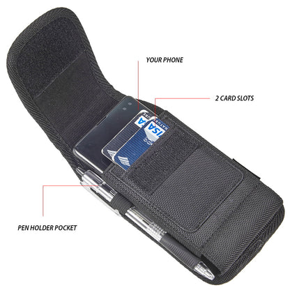 For Nokia C200 Universal Nylon Pouch Case Vertical Phone Holster with Dual Card Slots, Pen Holder, Belt Clip Loop & Hook Cover [Black]