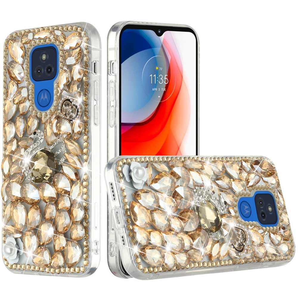 For Motorola Edge+ 2022 /Edge Plus Bling Clear Crystal 3D Full Diamonds Luxury Sparkle Rhinestone Hybrid Protective Gold Swan Crown Pearl Phone Case Cover