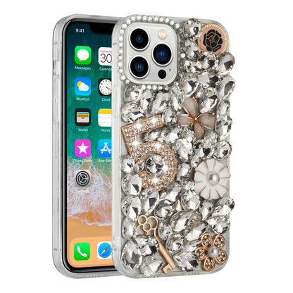 For Apple iPhone XR Bling Crystal 3D Full Diamond Luxury Sparkle Rhinestone Ornament Hybrid Protective Five Ornament Floral Phone Case Cover