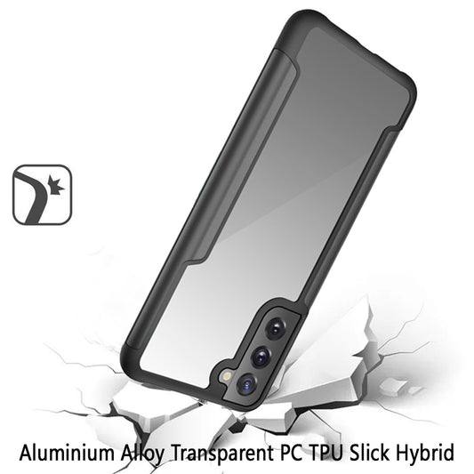 For Samsung Galaxy S22+ Plus Hybrid Aluminum Alloy Metal Clear Transparent Back PC TPU Bumper Frame Armor Shockproof Black Phone Case Cover