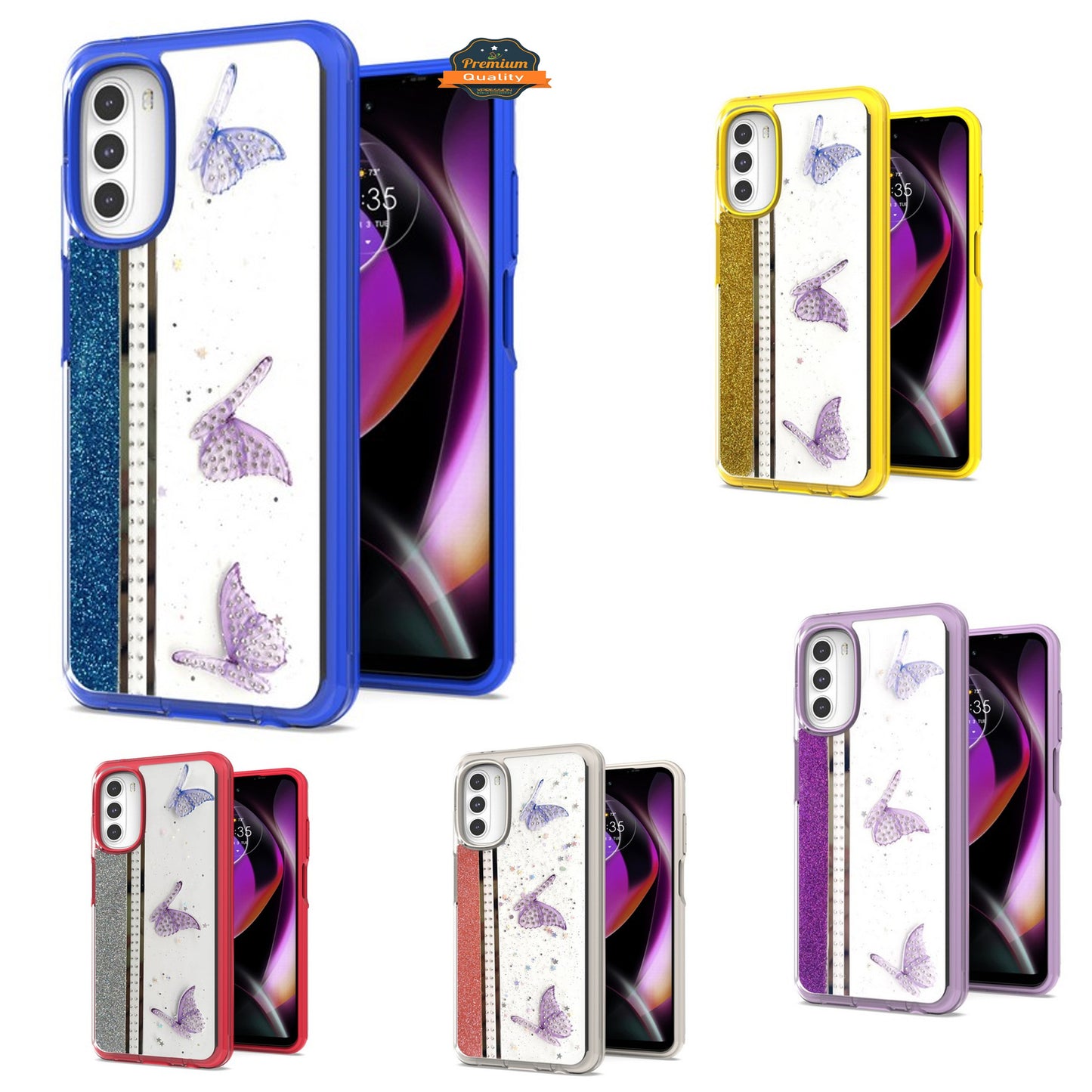 For Motorola Moto G 5G 2022 Butterflies Design Bling Glitter Shockproof Hybrid Soft TPU Frame and Hard PC Back Slim  Phone Case Cover