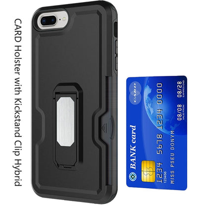 For Apple iPhone 8 Plus/7 Plus/6 6S Plus Armor Belt Clip with Credit Card Holder ID Slot, Holster, Kickstand Heavy Duty Hybrid Black Phone Case Cover