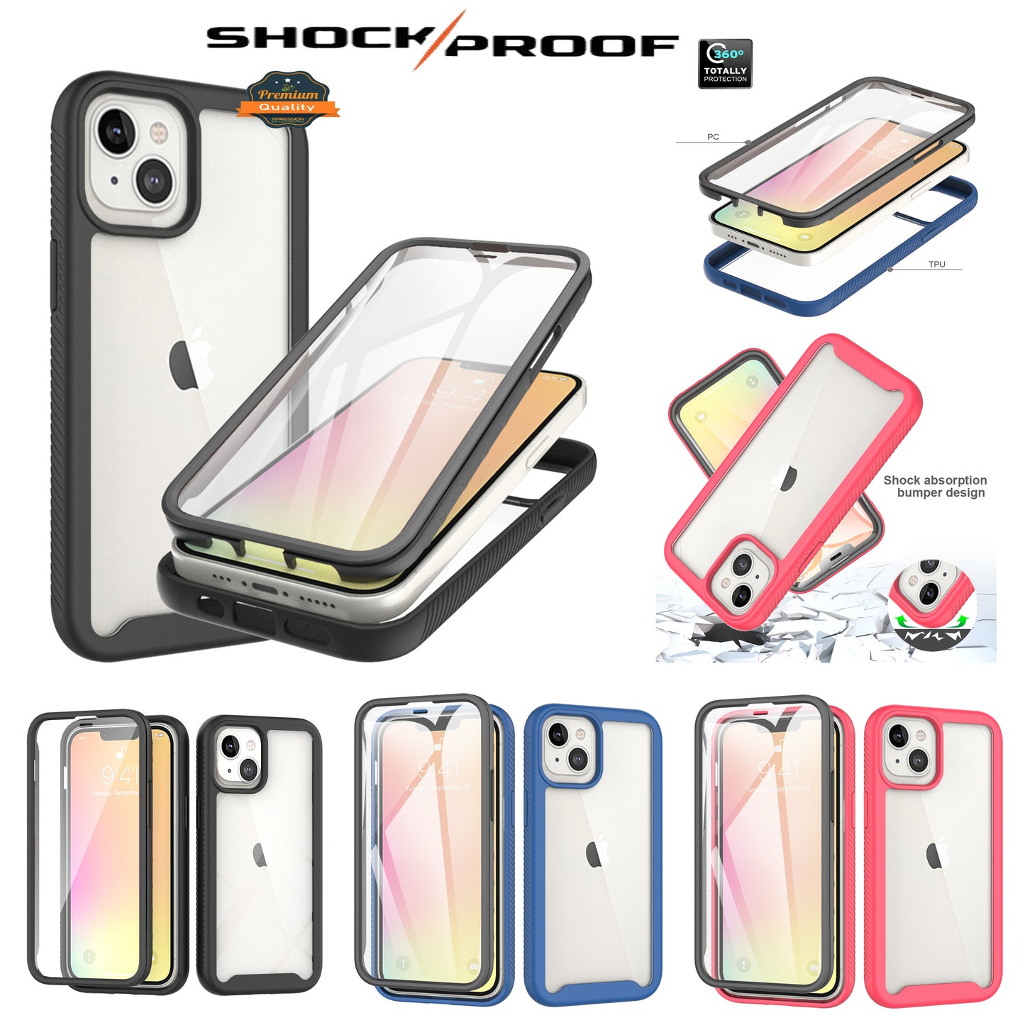 For Apple iPhone 11 /12 /Pro Max Hybrid 360° Full Body Protective with Built-in Screen Protector Shockproof Bumper TPU Armor  Phone Case Cover