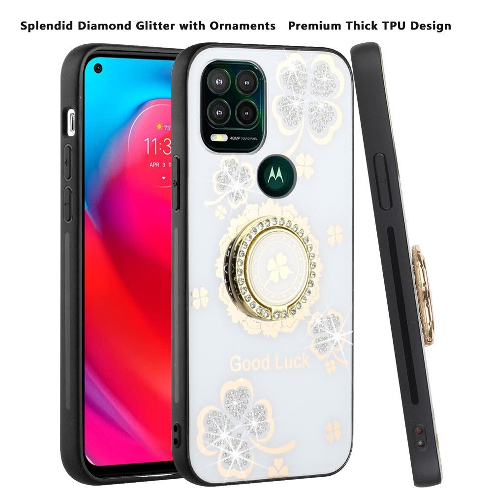 For OnePlus Nord N20 5G Diamond Bling Sparkly Glitter Ornaments Hybrid with Ring Kickstand Rugged Fashion White Good Luck Floral Phone Case Cover