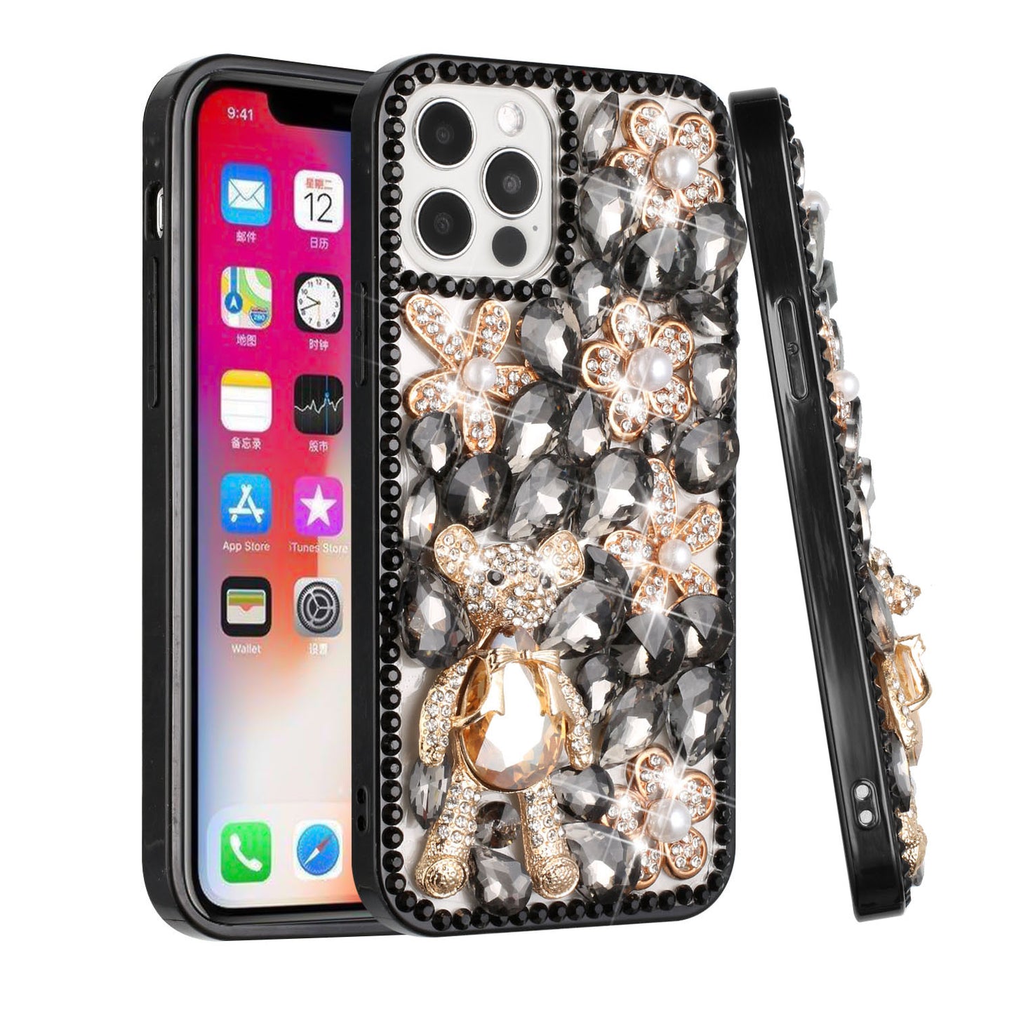 For Motorola Edge+ 2022 /Edge Plus Bling Clear Crystal 3D Full Diamonds Luxury Sparkle Rhinestone Hybrid Protective Black Panda Floral Phone Case Cover