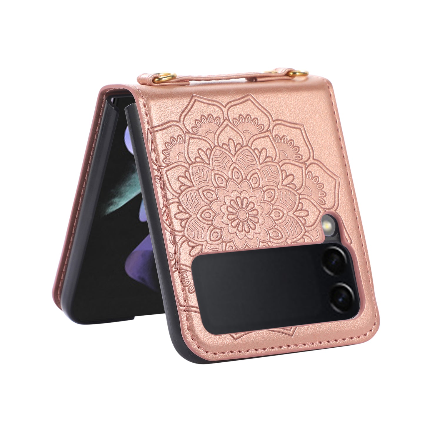 For Samsung Galaxy Z Flip 3 5G Embossed Floral Henna Mandala Design PU Leather with Strap Lanyard Slim Fit Hybrid  Phone Case Cover