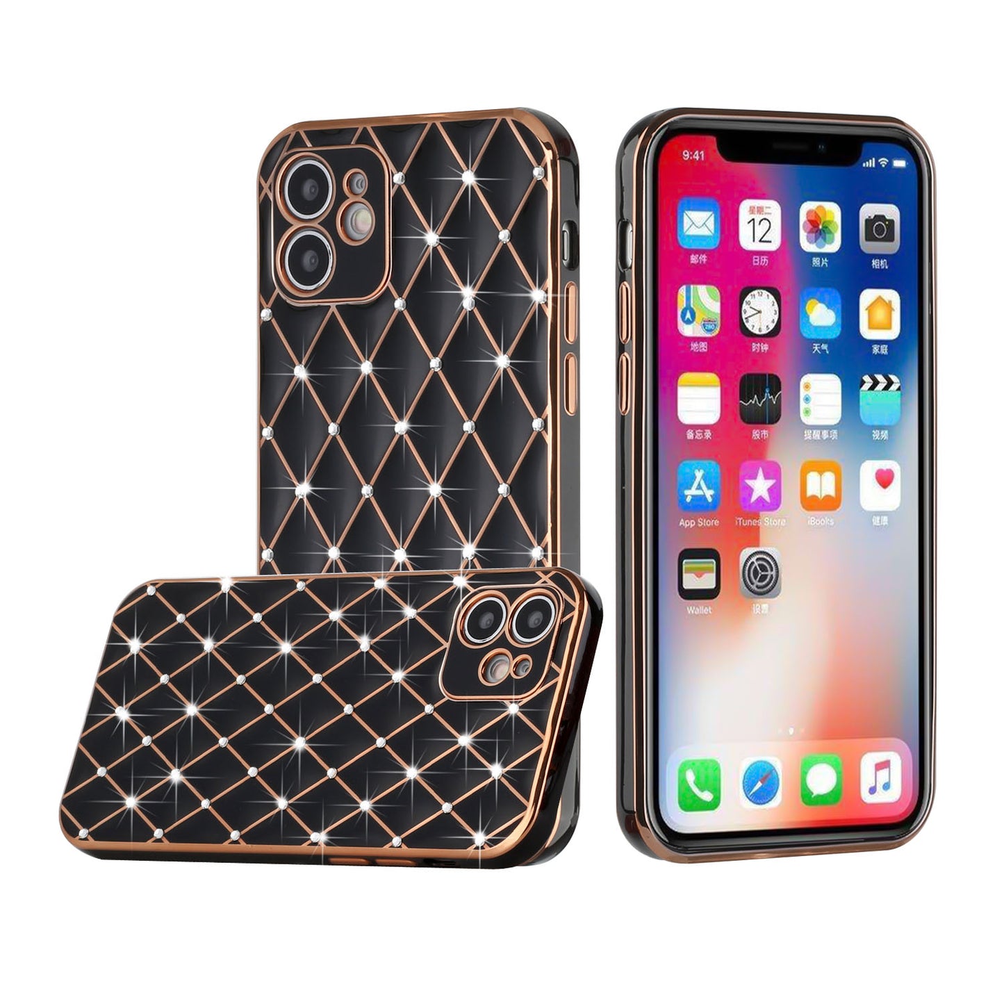 For Apple iPhone 11 (6.1") Luxury Diamonds on Electroplated Grid Design Rhinestone Protective TPU Hard PC  Phone Case Cover