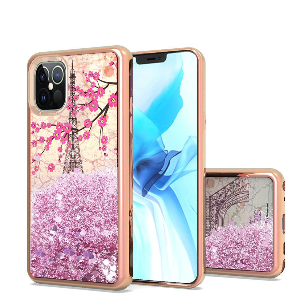 For Apple iPhone 13 Pro (6.1") Waterfall Quicksand Flowing Liquid Glitter Water Design Electroplating Bling TPU Hybrid Frame Protective  Phone Case Cover