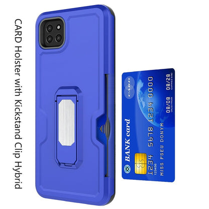 For Samsung Galaxy A22 5G Armor Belt Clip with Credit Card Holder, Holster, Kickstand Protective Full Body Heavy Duty Hybrid Blue Phone Case Cover