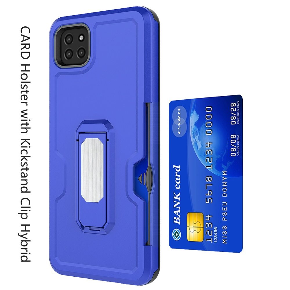 For Boost Mobile Celero 5G Armor Belt Clip with Credit Card Holder, Holster, Kickstand Protective Full Body Heavy Duty Hybrid Blue Phone Case Cover