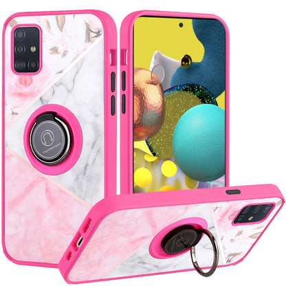 For Samsung Galaxy S22 Plus Marble Design with Magnetic Ring Kickstand Holder Hybrid TPU Hard PC Shockproof Armor Elegant Pink Phone Case Cover