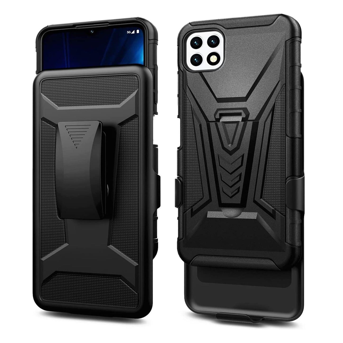 For T-Mobile Revvl 6 5G Hybrid Belt Clip Holster with Built-in Kickstand, Heavy Duty Protective Shock Absorption Armor Black Phone Case Cover