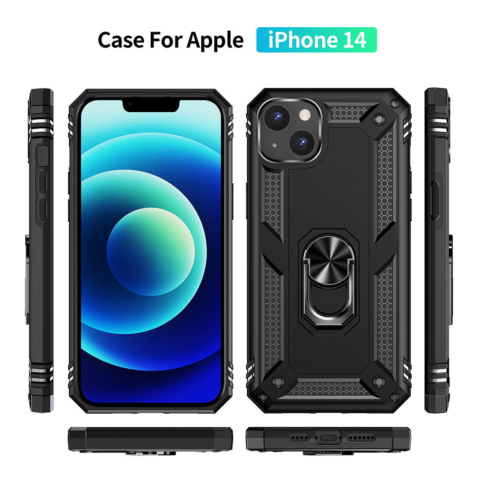 For Apple iPhone 14 Plus (6.7") Military Grade Heavy Duty Armor Hybrid with Ring Kickstand Finger Loop Stand  Phone Case Cover