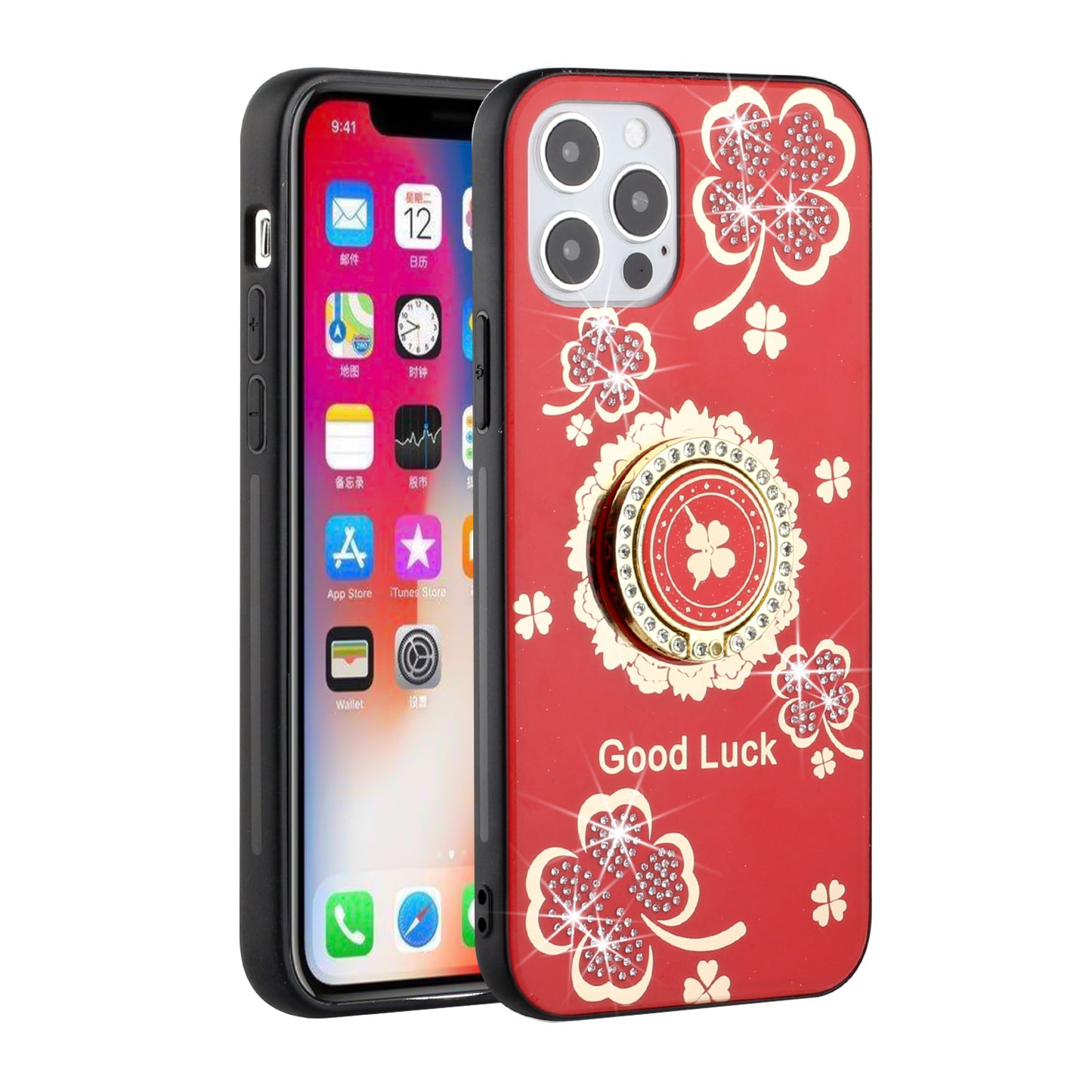 For OnePlus Nord N20 5G Diamond Bling Sparkly Glitter Ornaments Hybrid with Ring Kickstand Rugged Fashion Red Good Luck Floral Phone Case Cover