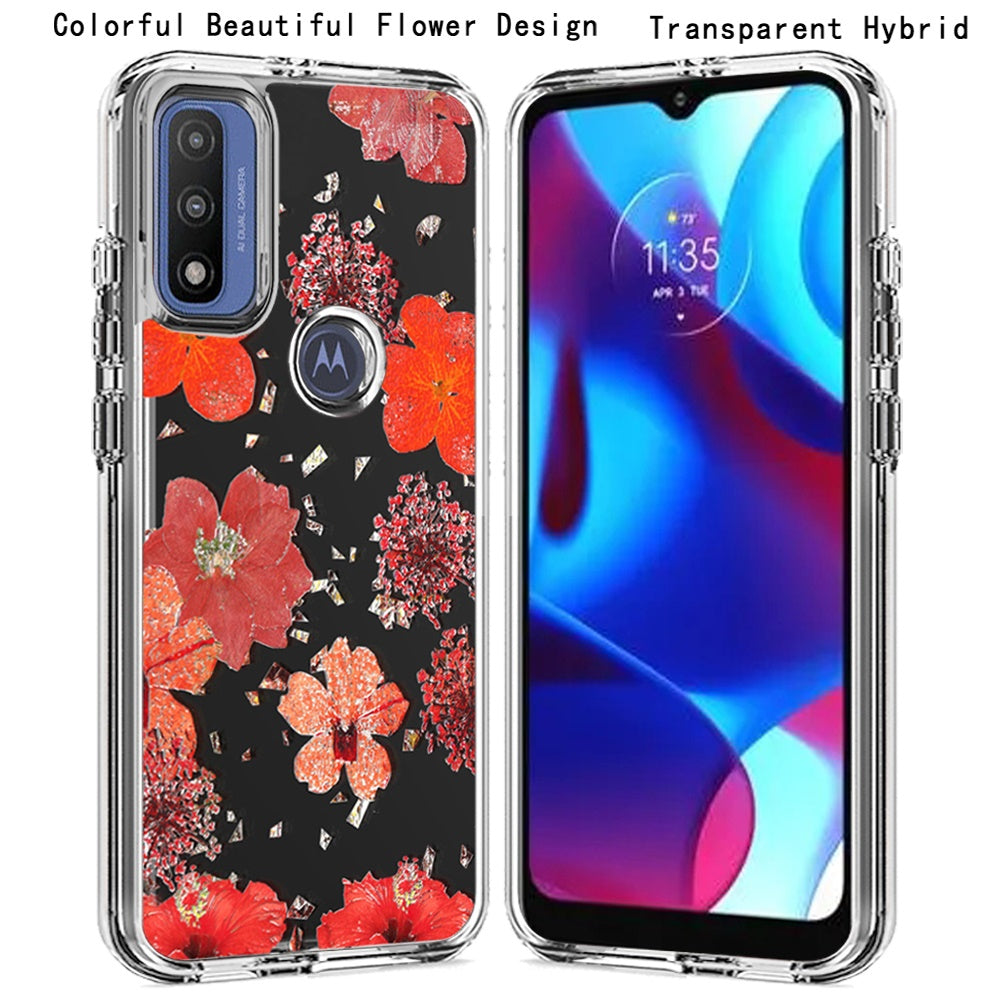 For Motorola Moto G Power 2022 (6.5") Glitter Floral Print Pattern Clear Design Shockproof Hybrid Fashion Sparkle Rubber TPU  Phone Case Cover