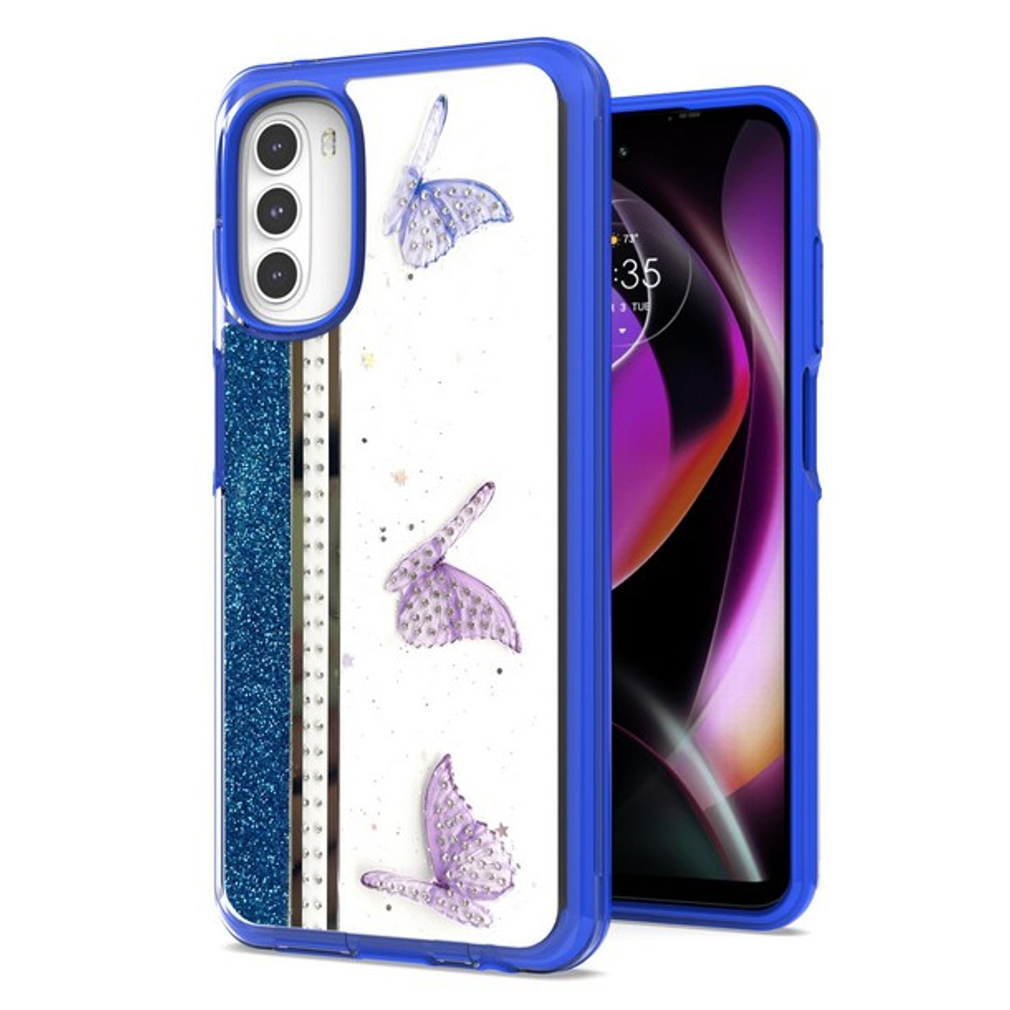 For Motorola Moto G 5G 2022 Butterflies Design Bling Glitter Shockproof Hybrid Soft TPU Frame and Hard PC Back Slim  Phone Case Cover