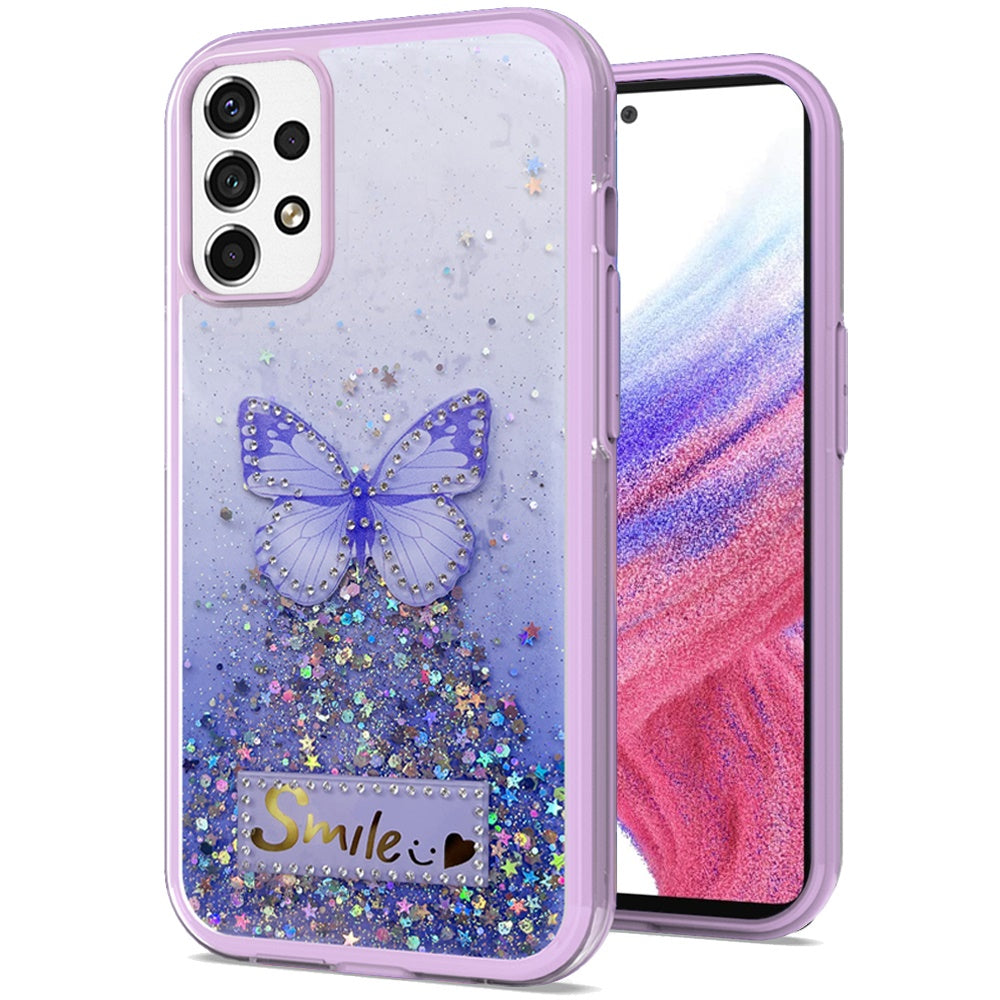 For Samsung Galaxy A13 5G Butterfly Smile Glitter Bling Sparkle Epoxy Glittering Shining Hybrid Hard PC TPU Silicone  Phone Case Cover