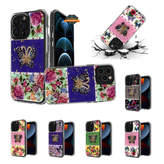 For TCL Revvl V Plus 5G (T-Mobile) Glitter Sparkle Colorful Bling Flake 3D Ornament Butterfly Floral Epoxy Hybrid Shockproof TPU Hard PC  Phone Case Cover