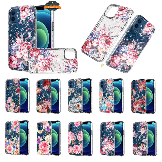 For Apple iPhone SE 2022 3rd/SE 2020/8/7 Slim Hybrid Shiny Glitter Clear Floral Pattern Bloom Flower Design TPU Hard Back  Phone Case Cover