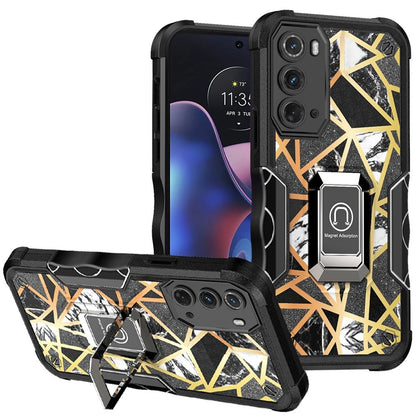 For Motorola Moto Edge (2022) Marble Stone Design Hybrid Armor Magnetic Ring Stand Kickstand Heavy Duty Rugged  Phone Case Cover