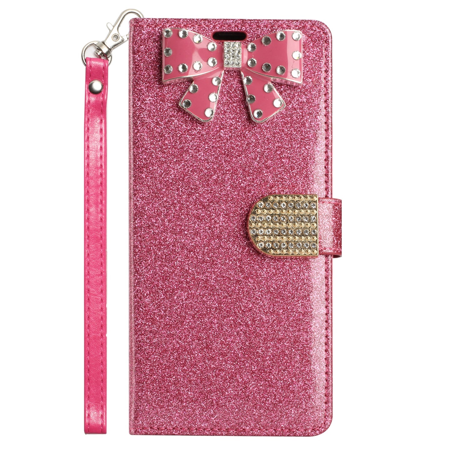 For Apple iPhone 11 (6.1") Wallet Bow Glitter Bling Ornament Shimmer with Credit Card Slot Pocket & Lanyard Strap  Phone Case Cover