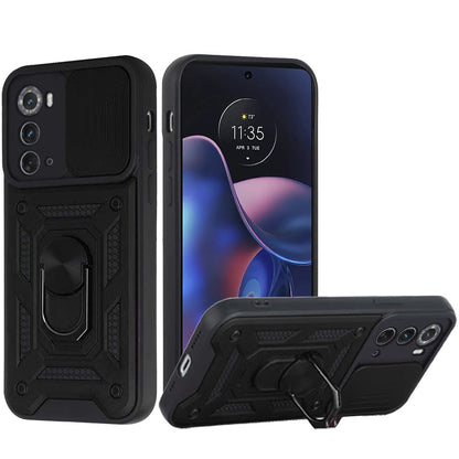 For Motorola Moto Edge 2022 Hybrid Cases with Slide Camera Lens Cover and Ring Holder Kickstand Rugged Dual Layer  Phone Case Cover