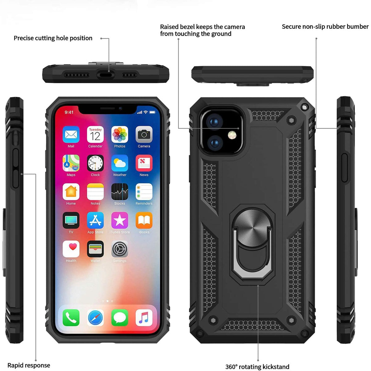 For Apple iPhone XR (6.1") Shockproof Hybrid Dual Layer Hard PC TPU with Ring Stand Kickstand Heavy Duty Armor Shell  Phone Case Cover