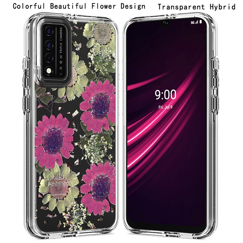 For TCL Revvl V Plus 5G (T-Mobile) Glitter Floral Print Pattern Clear Design Shockproof Hybrid Fashion Sparkle Rubber TPU  Phone Case Cover