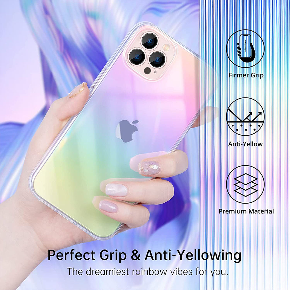 For Apple iPhone 13 Pro Max (6.7") Holographic Color Changing Transparent Clear Iridescent Design Acrylic Gummy Hybrid Rainbow Iridescent Phone Case Cover