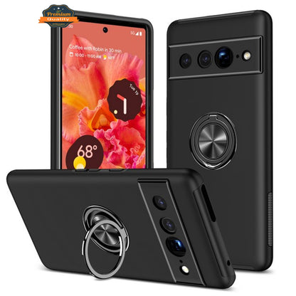 For Google Pixel 7 Hybrid Military Grade with Flat Metal Ring Stand 360° Rotation Kickstand Hard PC Back + TPU Slim Fit  Phone Case Cover