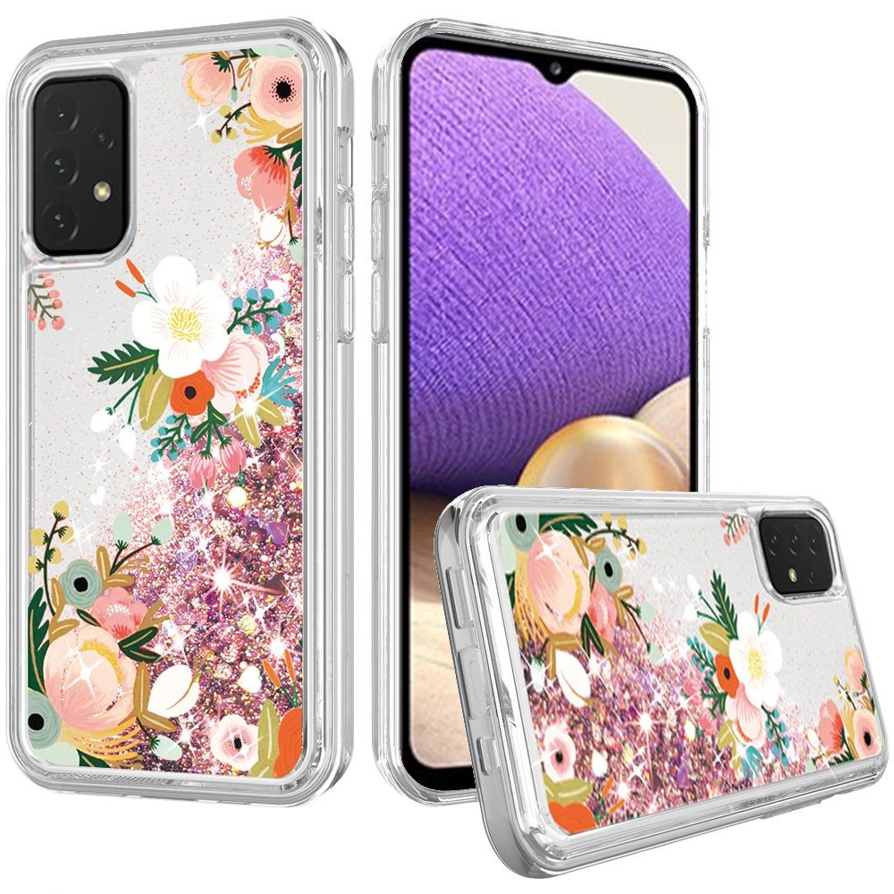 For Apple iPhone 13 Pro Max (6.7") Waterfall Quicksand Flowing Liquid Water Glitter Flower Design Bling Shockproof TPU Hybrid Protective  Phone Case Cover