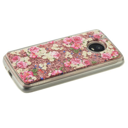 For Motorola Moto E4 Plus (XT1773) Quicksand Liquid Glitter Bling Hybrid Image Flowing Sparkle Protector TPU Skin European Rose Gold Flowers Phone Case Cover