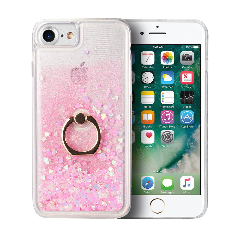 For Apple iPhone SE 3 (2022) Hybrid Glitter Bling Sparkling Liquid Quicksand TPU Rubber PC with Ring Stand Holder Kickstand  Phone Case Cover